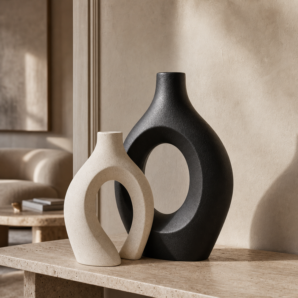 Vaso decorativo nórdico off white de cerâmica vazada em ambiente elegante