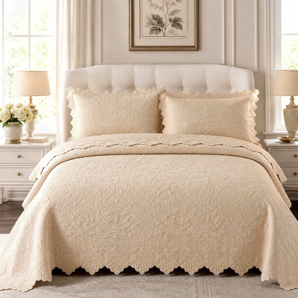 Colcha Matelassê Queen com Borda Ondulada em ambiente decorado