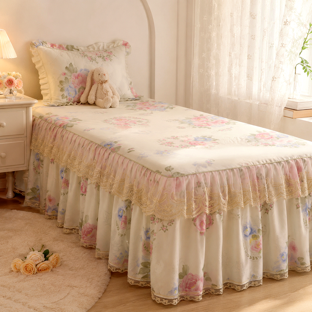 Colcha com Saia Floral para Cama Solteiro em ambiente decorado