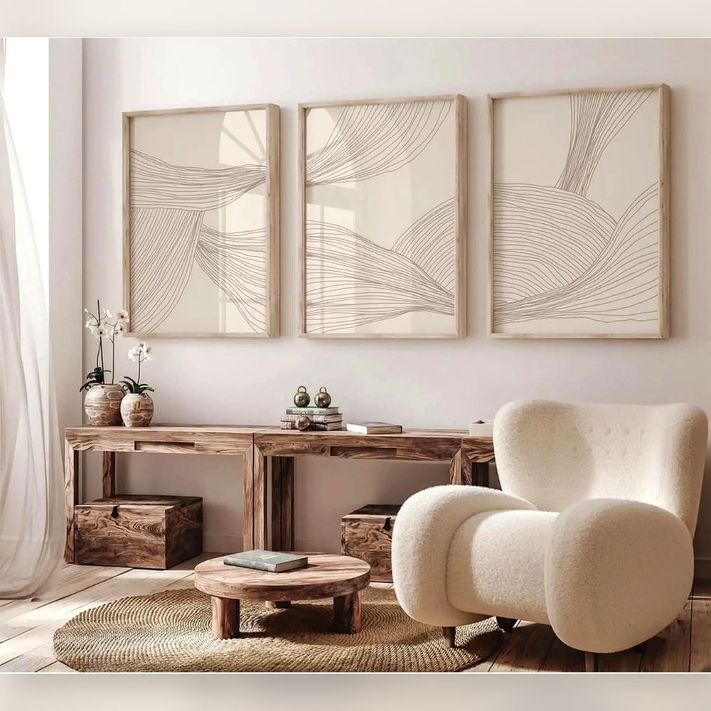 Conjunto de Quadros Decorativos Geométricos Bege em ambiente decorado