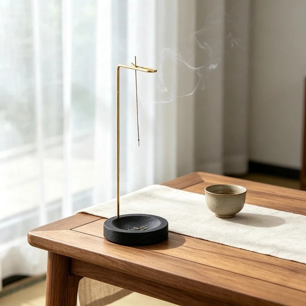 suporte para incenso invertido de madeira e metal sobre mesa