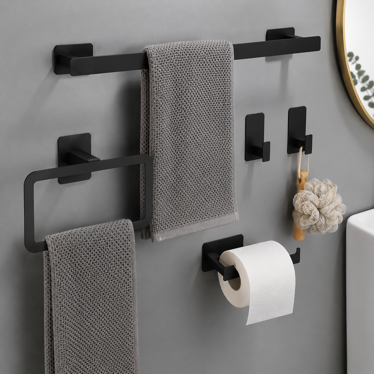 Kit de Acessórios para Banheiro Preto Fosco sem Furo – Viorenna