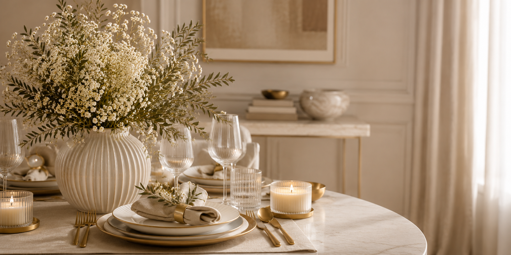 Mesa posta elegante com louças claras, taças, velas e arranjo floral para inspirar a decoração da casa
