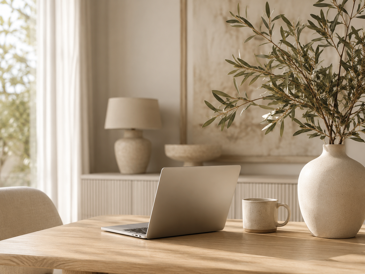 Ambiente elegante com notebook, vaso decorativo e luz natural para a página de contato da Viorenna Maison Decor