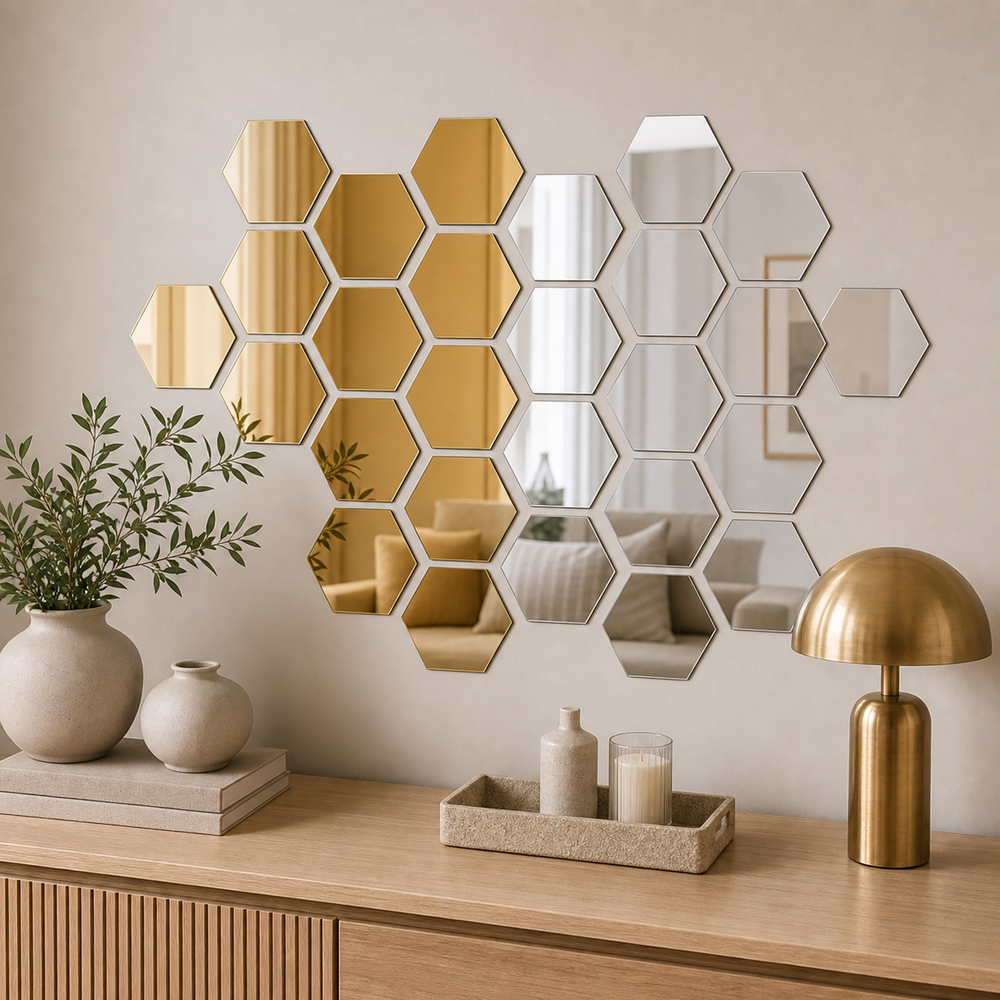 Espelho Decorativo Hexagonal Dourado e Prateado em imagem hero premium - Viorenna
