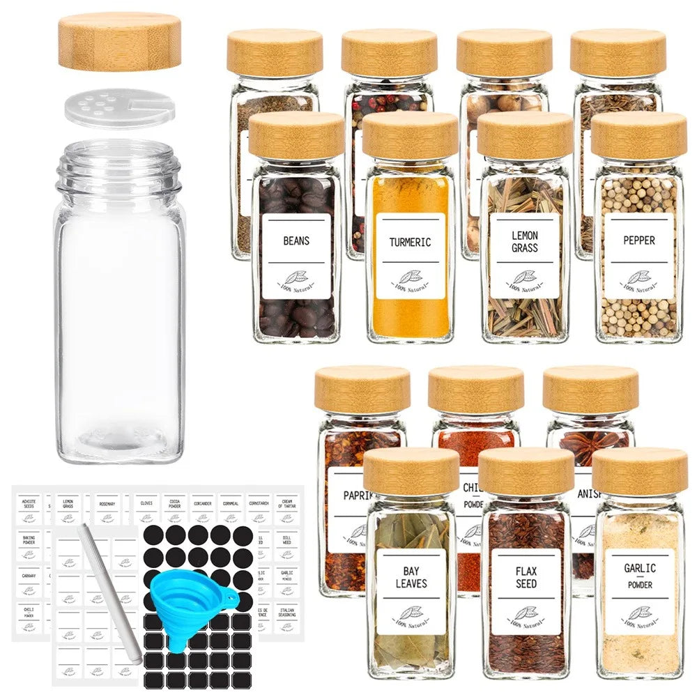 Kit Porta Temperos de Vidro com Tampas de Bambu em cozinha organizada