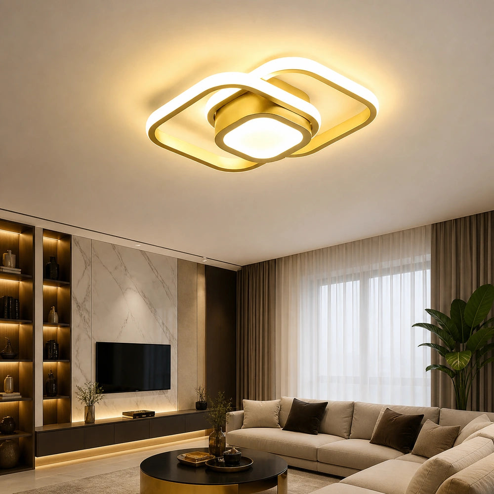 Lustre LED de teto moderno dourado quadrado aceso em sala contemporânea