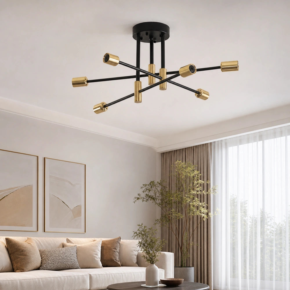 Lustre de teto nórdico preto e dourado com seis pontos em sala contemporânea