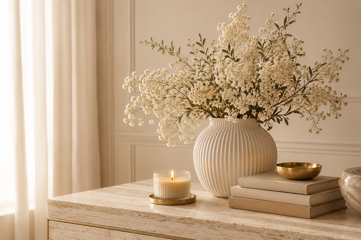 Composição decorativa refinada com vaso de cerâmica, flores brancas, vela e livros em tons neutros para um lar elegante