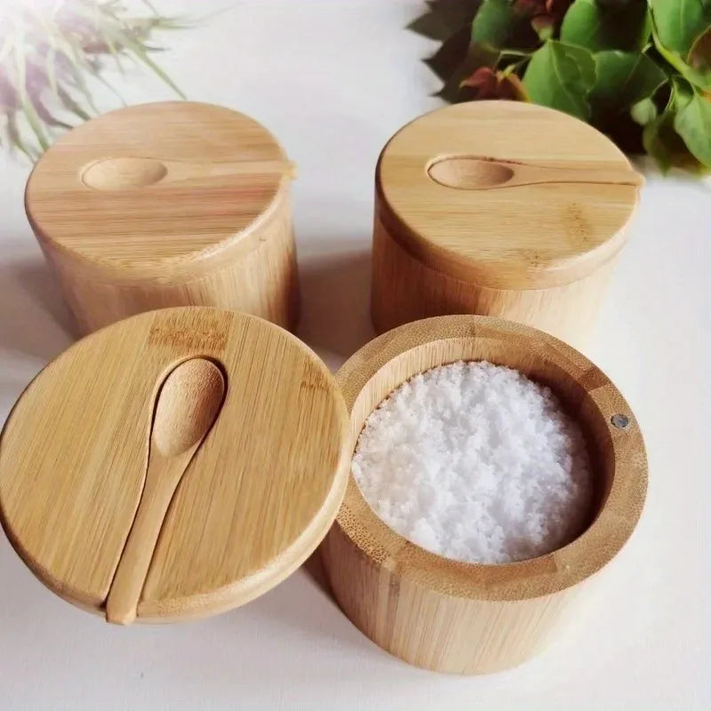 Porta Temperos de Bambu para Sal e Condimentos em cozinha organizada