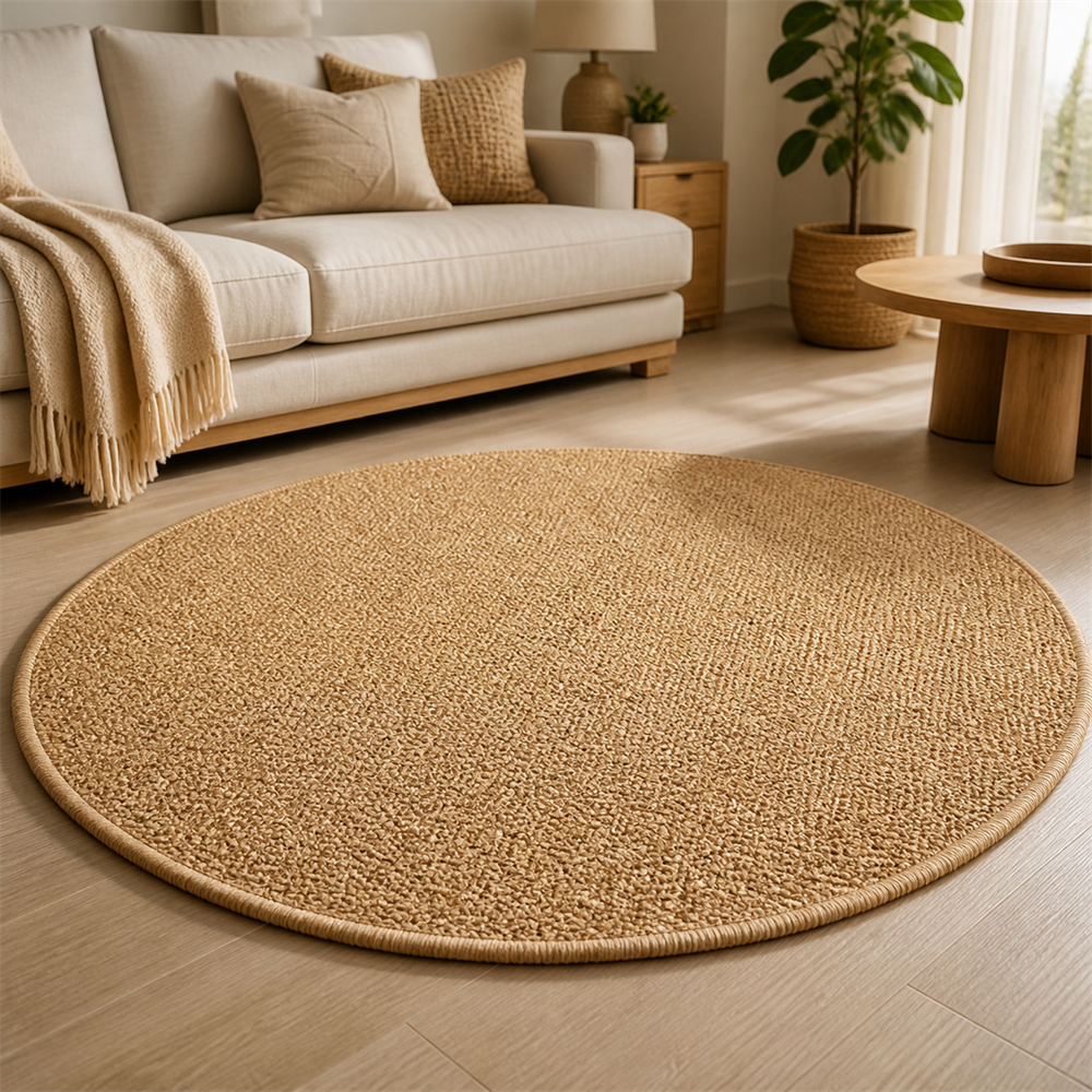Tapete redondo de sisal para sala em ambiente decorado – Viorenna