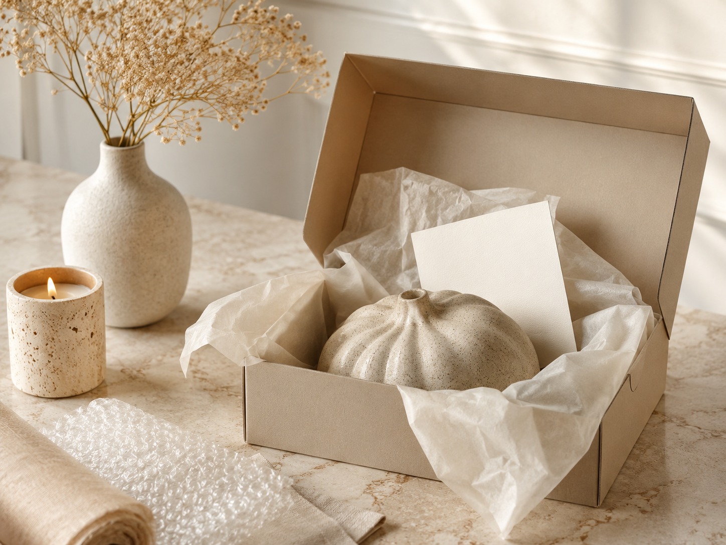 Embalagem aberta com vaso decorativo protegido para a página de Trocas e Devoluções da Viorenna Maison Decor