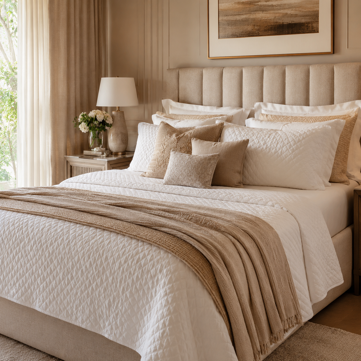 Cama posta elegante com colcha branca acolchoada, almofadas em tons neutros e manta bege em quarto sofisticado
