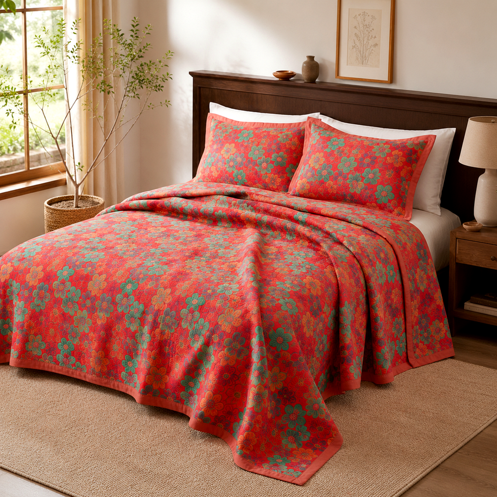 Colcha Floral em Musseline de Algodão para Cama King em ambiente decorado