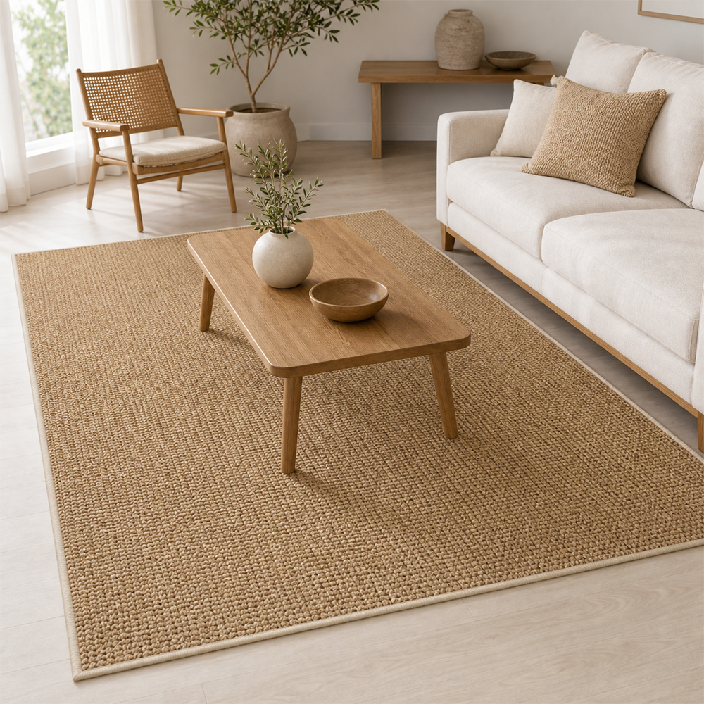 Tapete de Sisal para Sala Grande para Sofá e Mesa de Centro em ambiente decorado