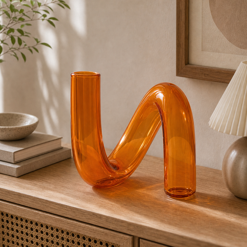 Vaso decorativo irregular de vidro translucido laranja em ambiente premium