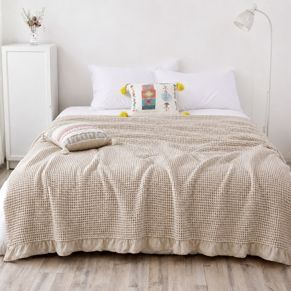 Colcha Xadrez Waffle em Algodão para Cama em ambiente decorado