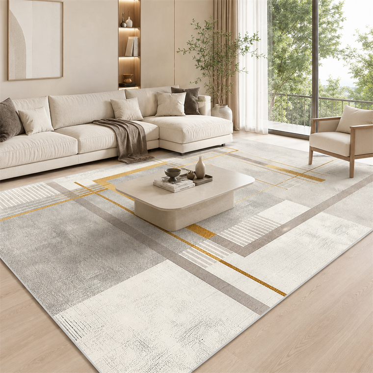 Tapete Geométrico Dourado para Sala Grande 200x300 em ambiente decorado