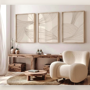 Conjunto de Quadros Decorativos Geométricos Bege em ambiente decorado