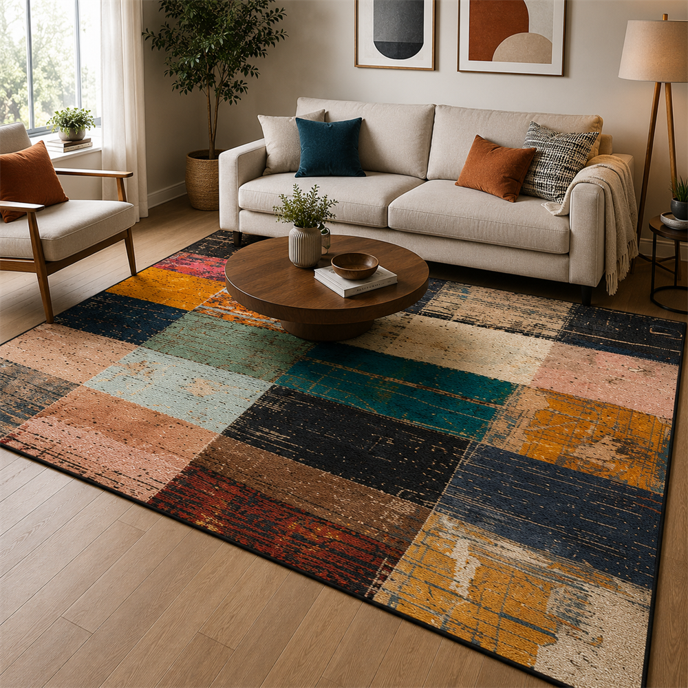Tapete Geométrico para Sala Grande para Sofá e Mesa de Centro em ambiente decorado