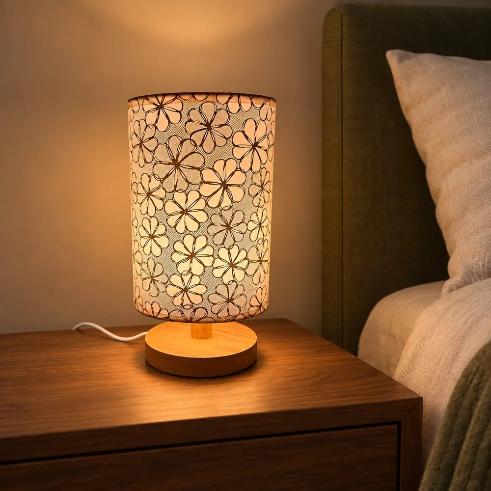 Luminária de Mesa Floral com Base de Madeira – Viorenna