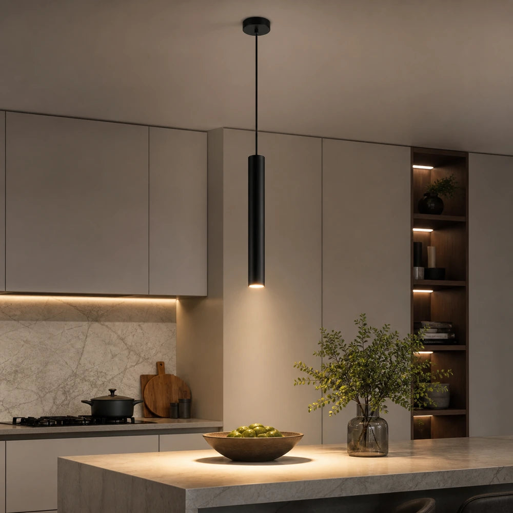 Luminária pendente tubular preta de 1 tubo sobre bancada