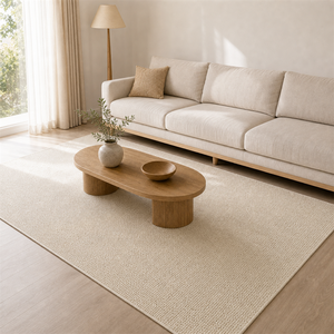Tapete Minimalista para Sala Grande em Tons Claros em uso real no ambiente