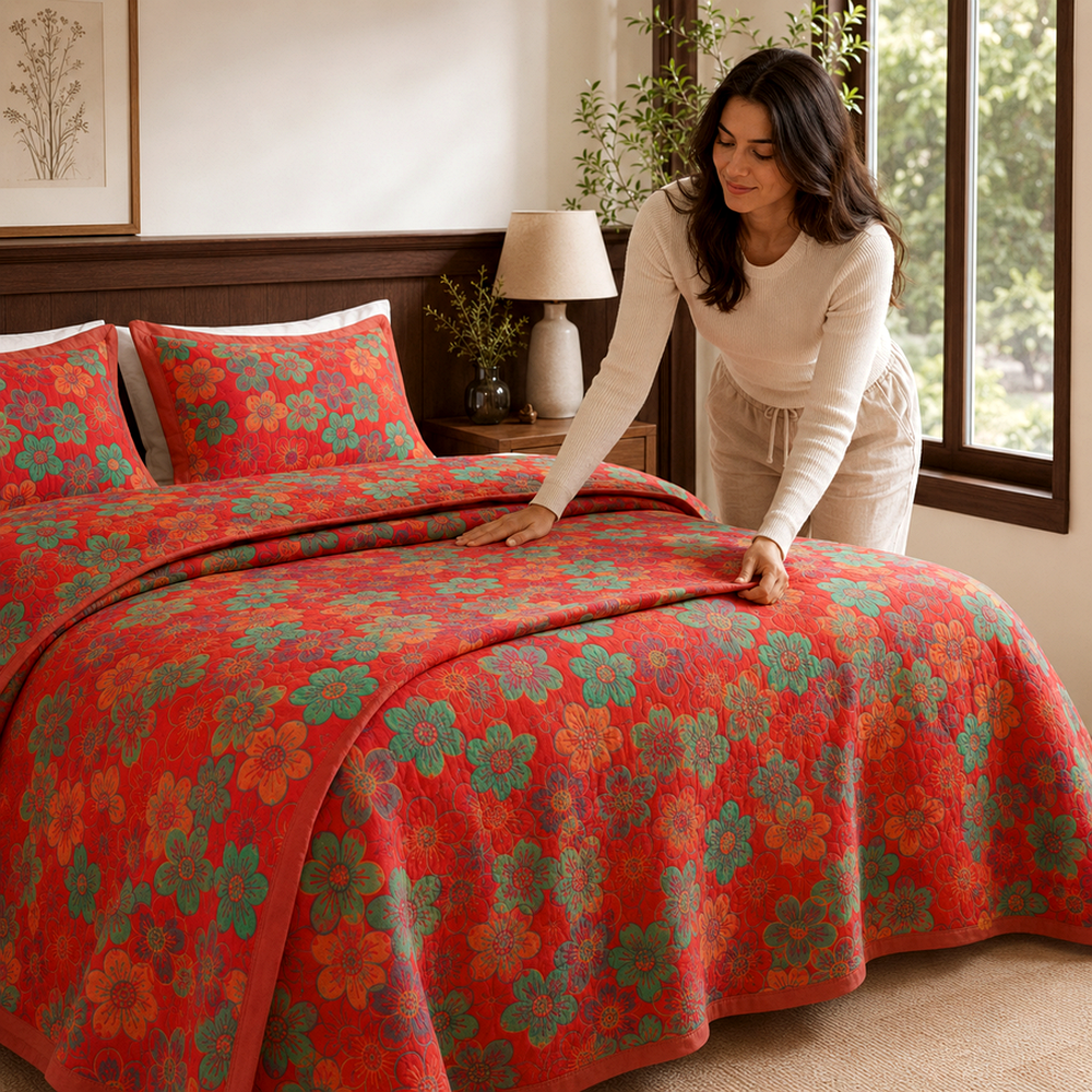 Colcha Floral em Musseline de Algodão para Cama King em uso real no ambiente
