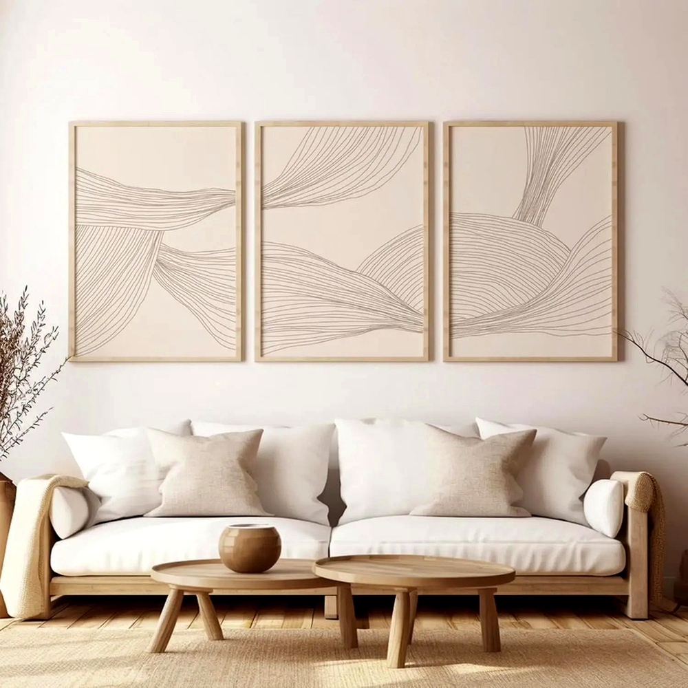 Conjunto de Quadros Decorativos Geométricos Bege em uso real no ambiente