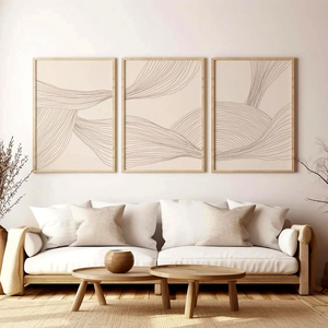 Conjunto de Quadros Decorativos Geométricos Bege em uso real no ambiente