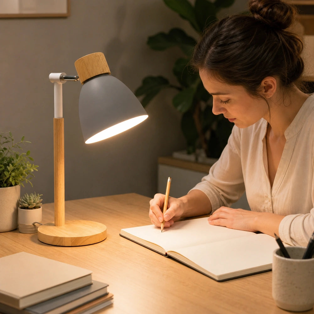 Luminária de mesa cinza acesa em uso real para leitura e trabalho
