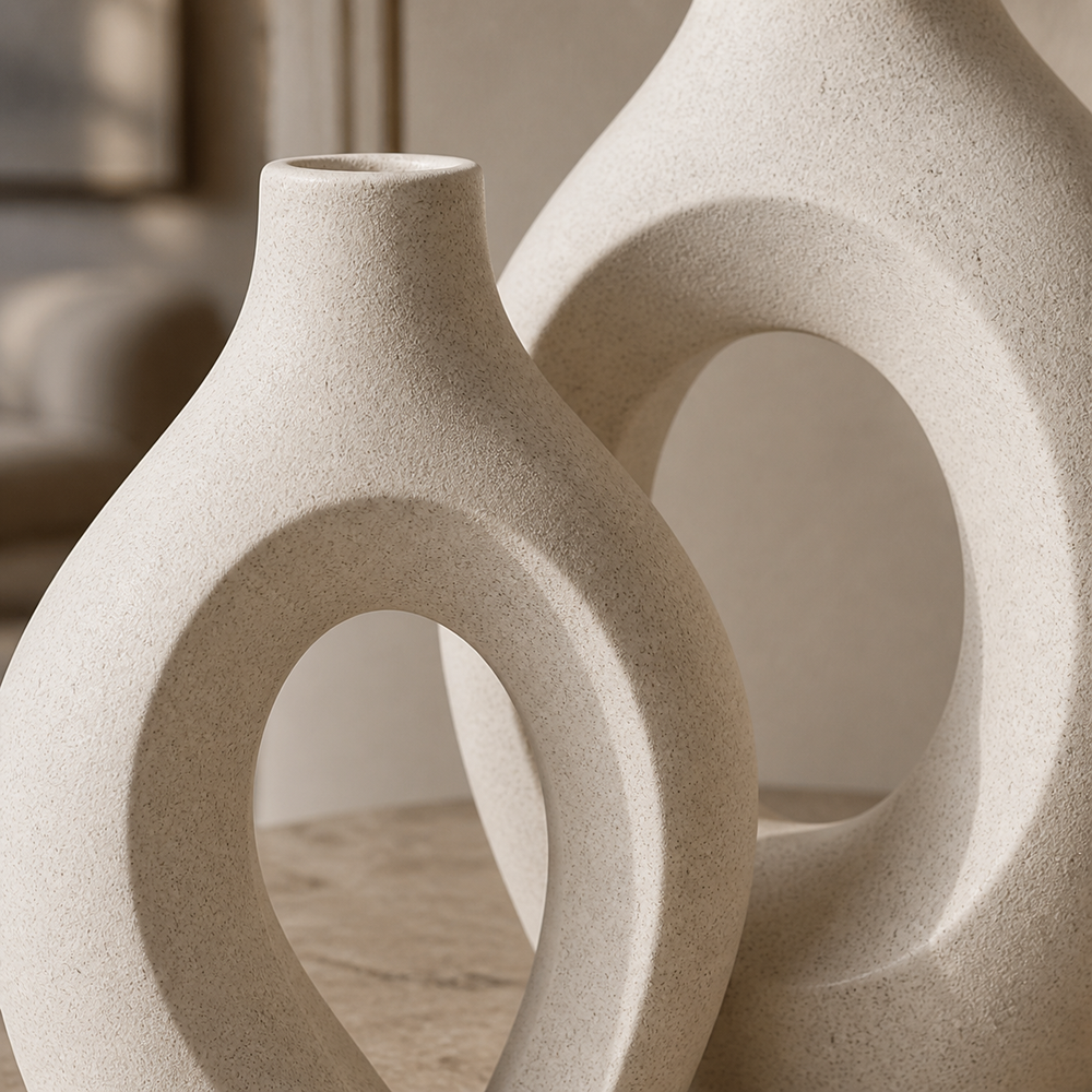 Close do acabamento fosco em cerâmica off white do vaso decorativo nórdico