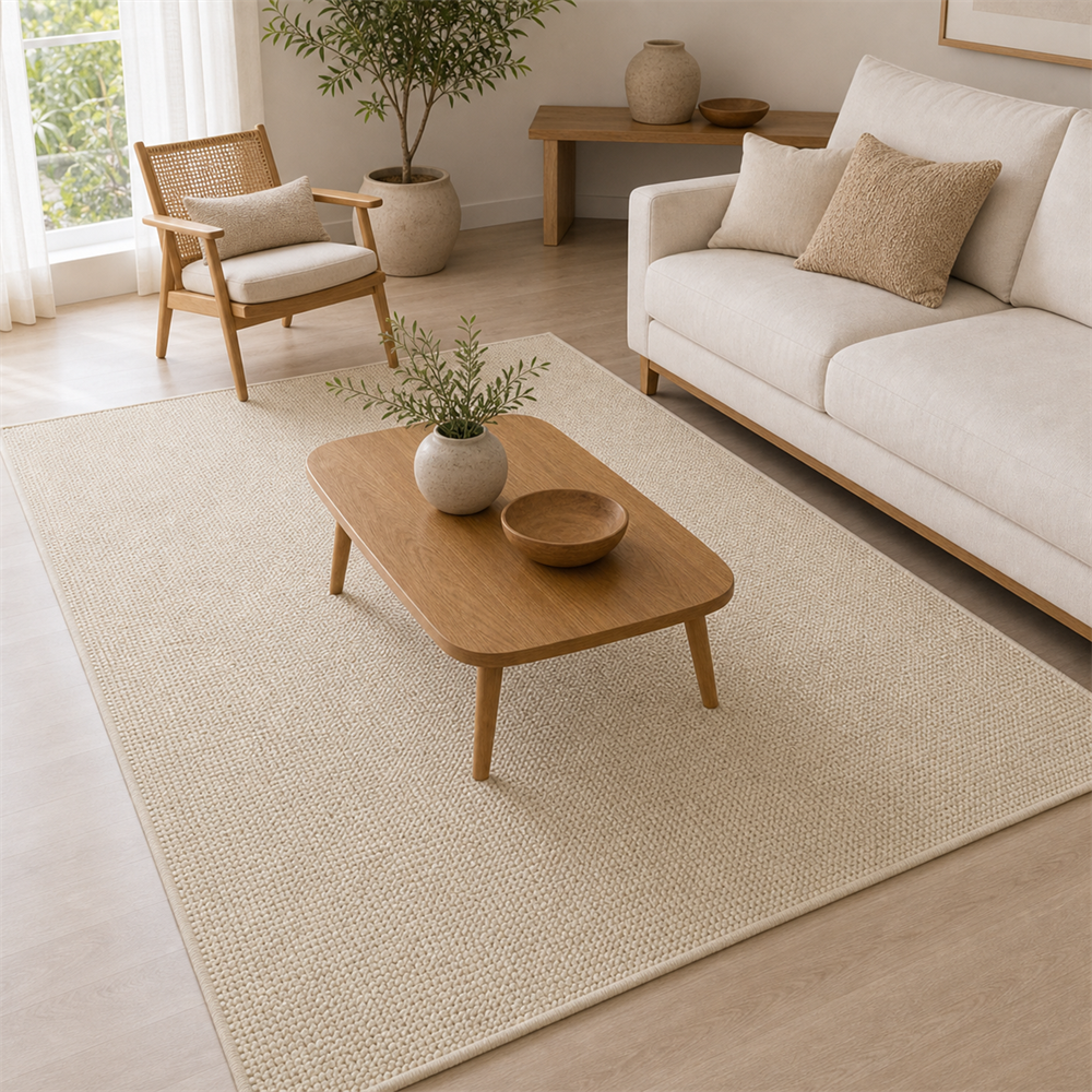 Tapete Minimalista para Sala Grande em Tons Claros valorizando a funcao principal