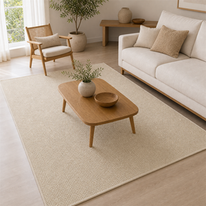 Tapete Minimalista para Sala Grande em Tons Claros valorizando a funcao principal