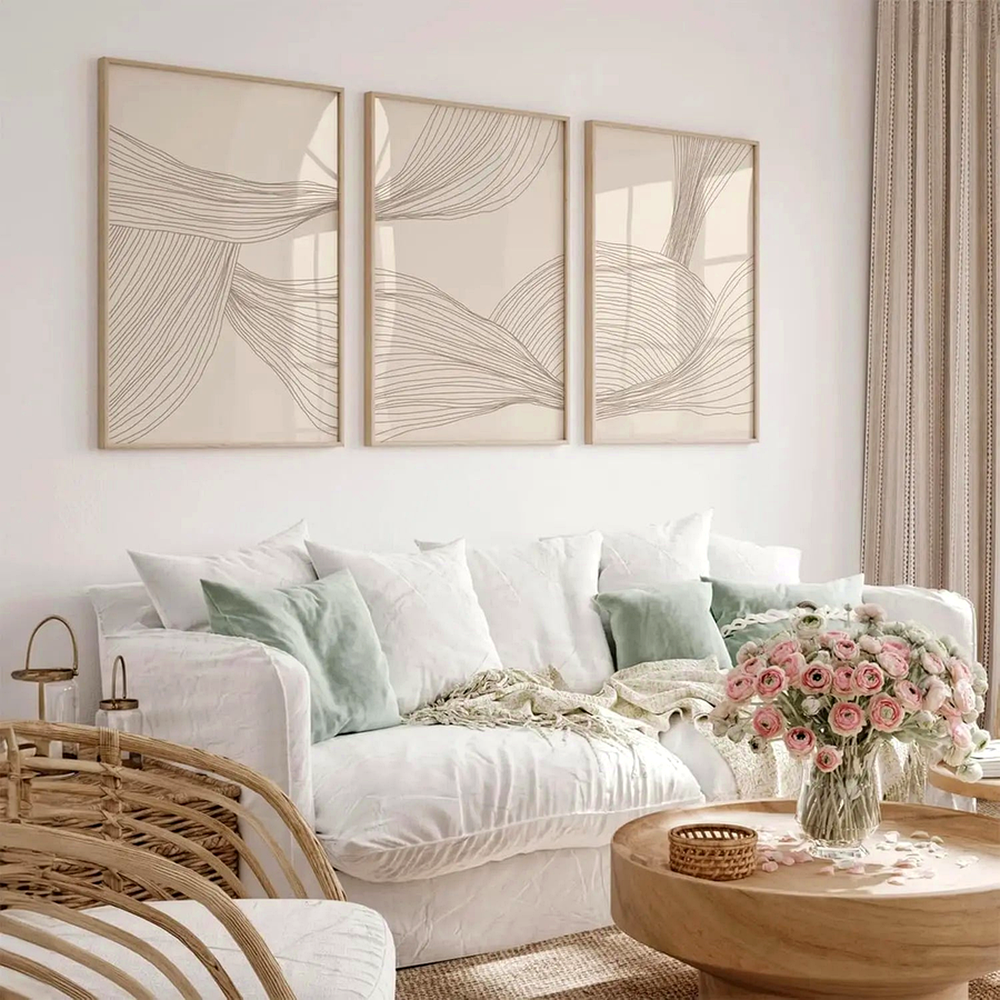 Conjunto de Quadros Decorativos Geométricos Bege valorizando a funcao principal