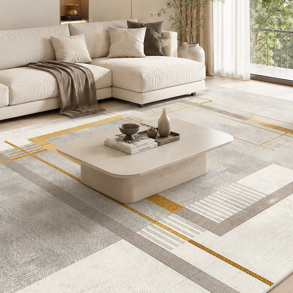Tapete Geométrico Dourado para Sala Grande 200x300 valorizando a funcao principal