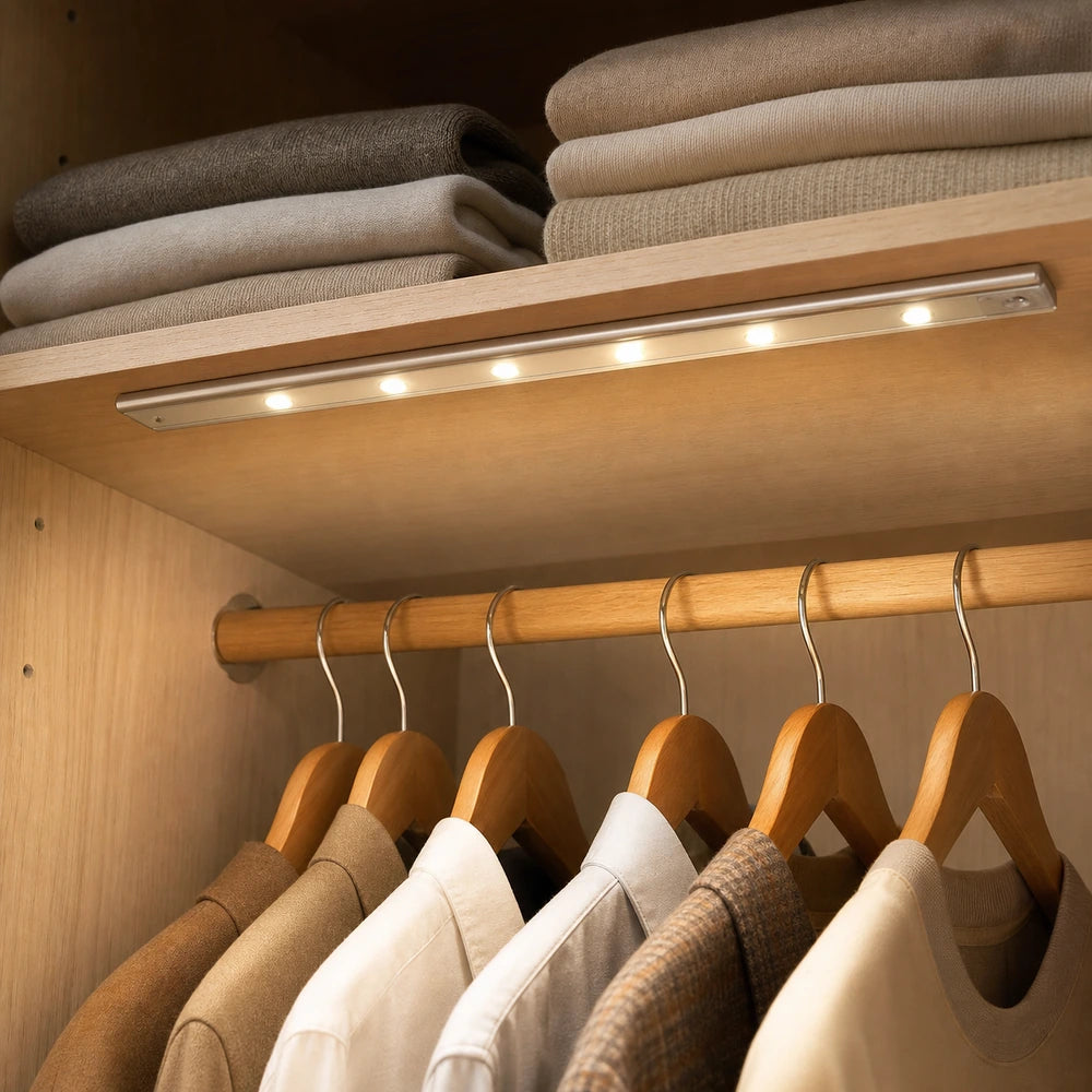 Luminária LED sem fio instalada em guarda-roupa