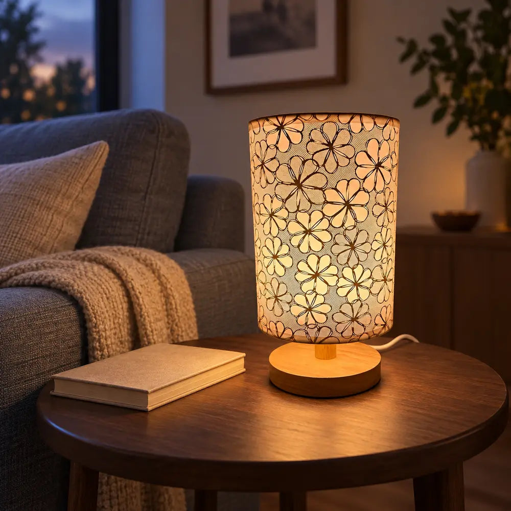 Luminária de Mesa Floral com Base de Madeira – Viorenna