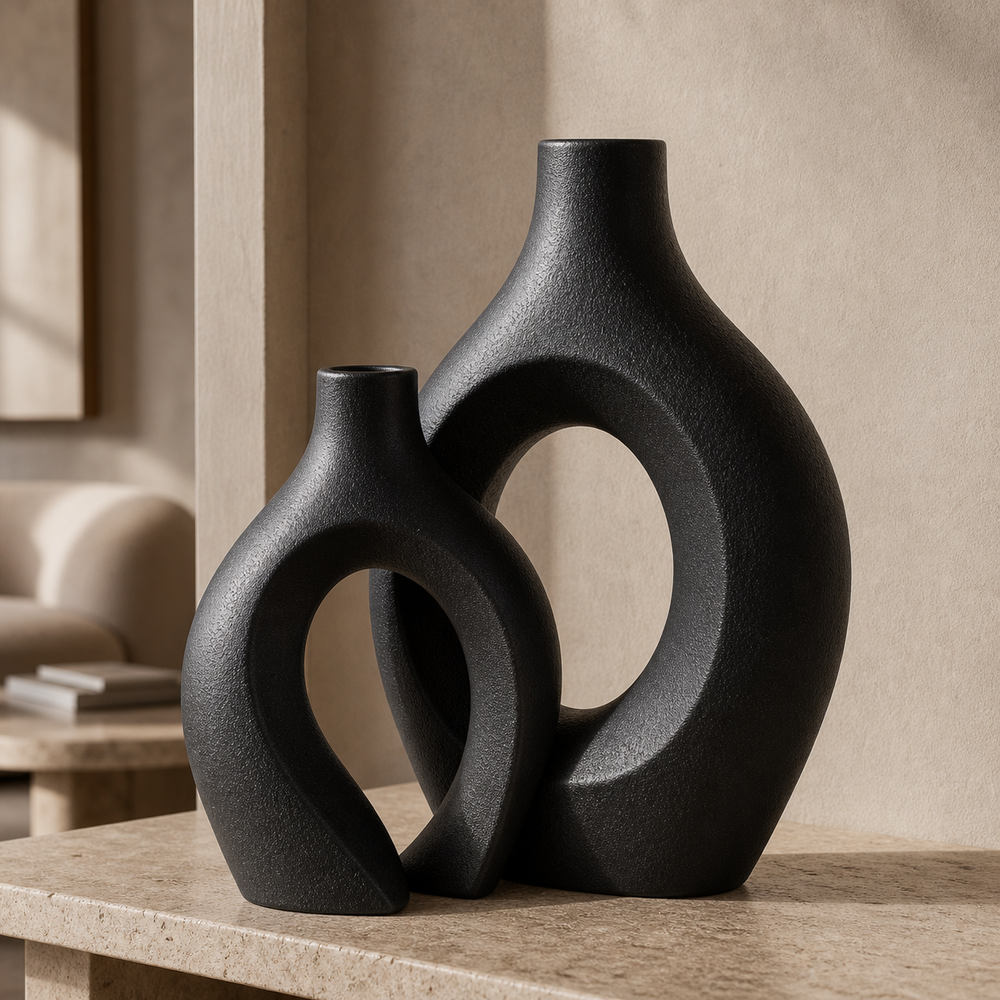 Detalhe da estrutura vazada do vaso decorativo nórdico preto de cerâmica