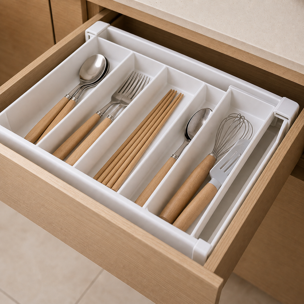 Bandeja Expansivel para Talheres de Cozinha - Detalhe funcional / estrutura / montagem