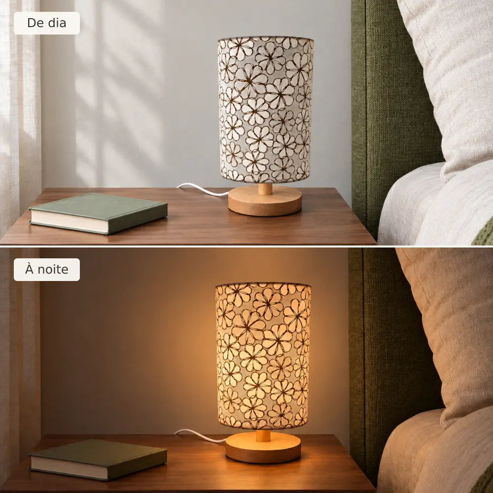 Luminária de Mesa Floral com Base de Madeira – Viorenna