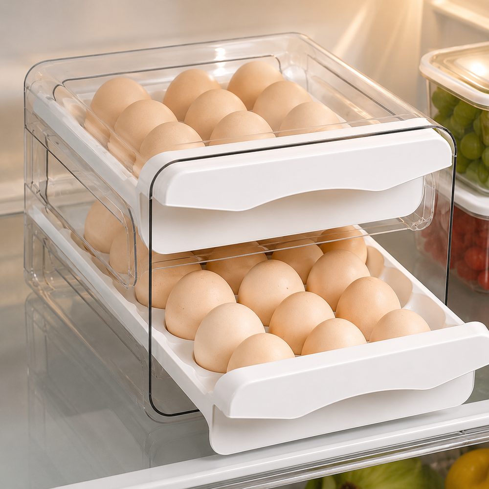 Organizador de Ovos para Geladeira com Gaveta - Detalhe funcional / estrutura / montagem