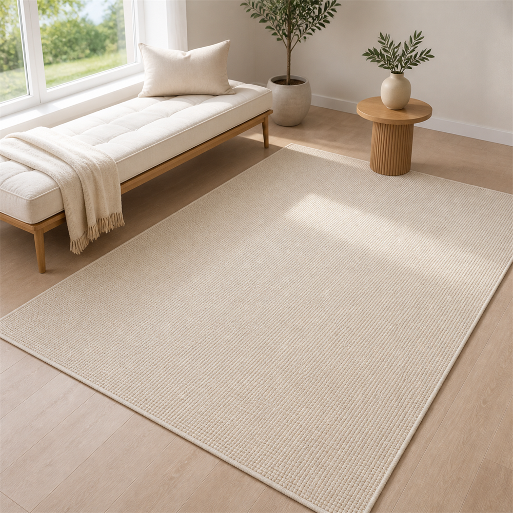 Tapete Minimalista para Sala Grande em Tons Claros em segundo angulo funcional