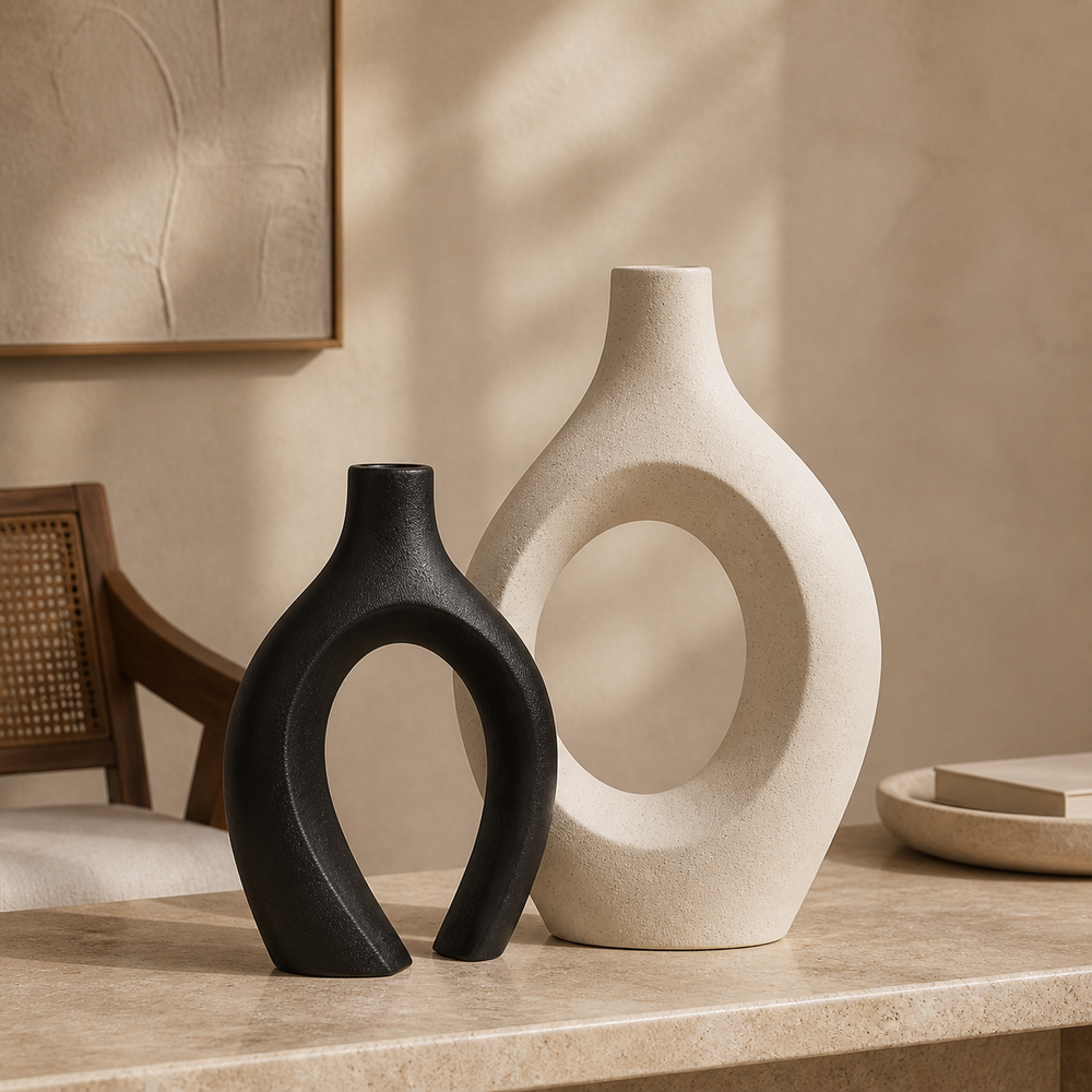 Conjunto de vaso decorativo nórdico preto e off white em composição elegante