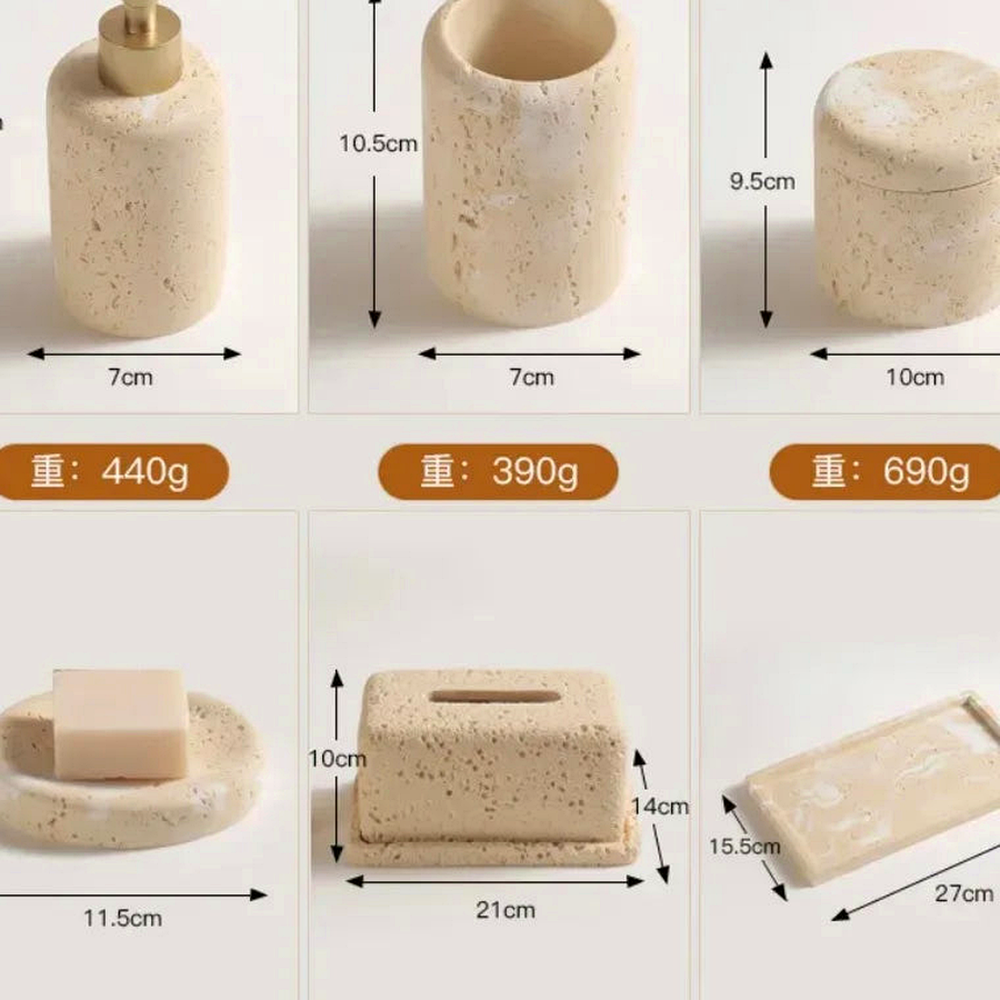Detalhe de textura e acabamento do Conjunto para Banheiro Travertino com Dispenser e Bandeja