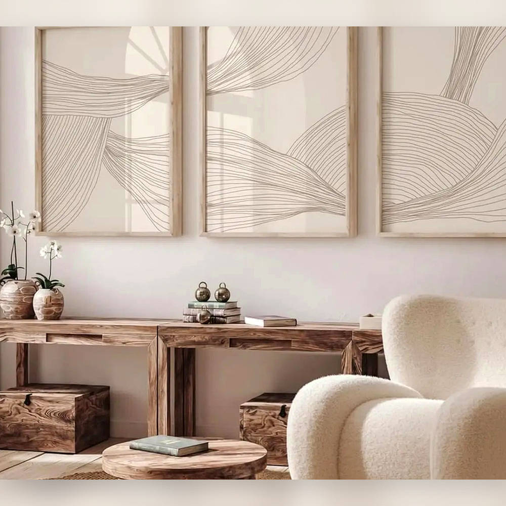 Detalhe de borda e acabamento do Conjunto de Quadros Decorativos Geométricos Bege