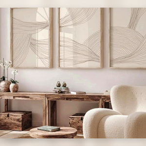 Detalhe de borda e acabamento do Conjunto de Quadros Decorativos Geométricos Bege