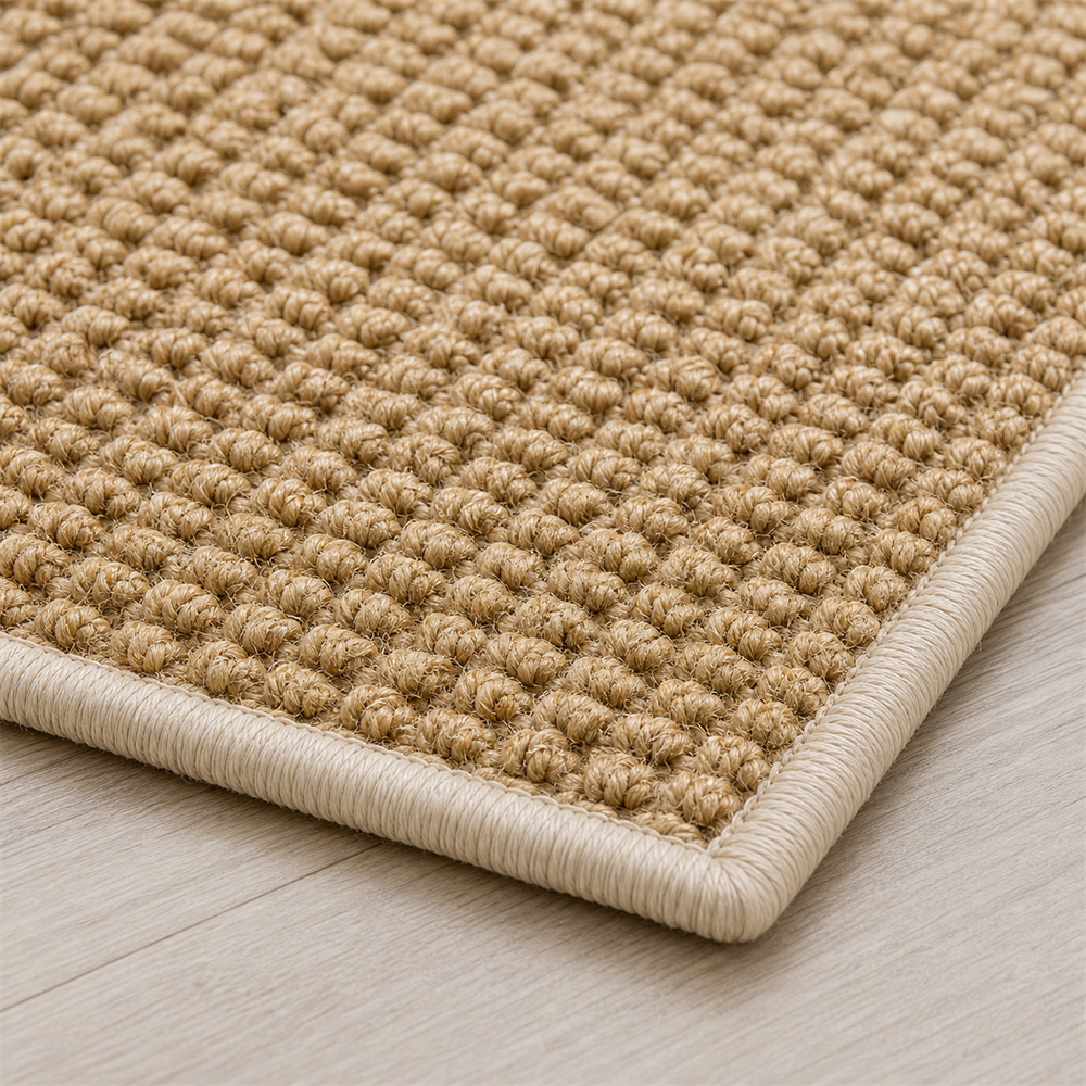 Detalhe de borda e acabamento do Tapete de Sisal para Sala Grande para Sofá e Mesa de Centro