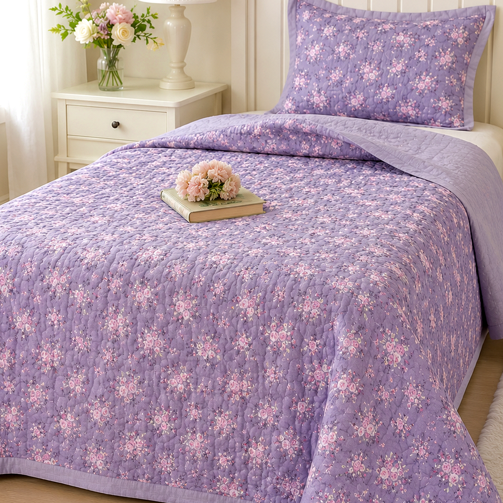 Detalhe de borda e acabamento do Colcha Floral Matelada para Cama Solteiro