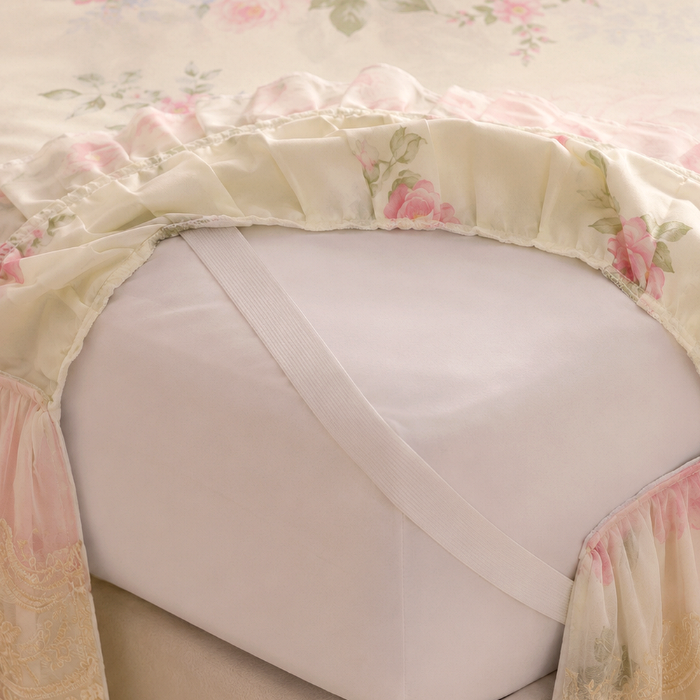 Detalhe de borda e acabamento do Colcha com Saia Floral para Cama Solteiro